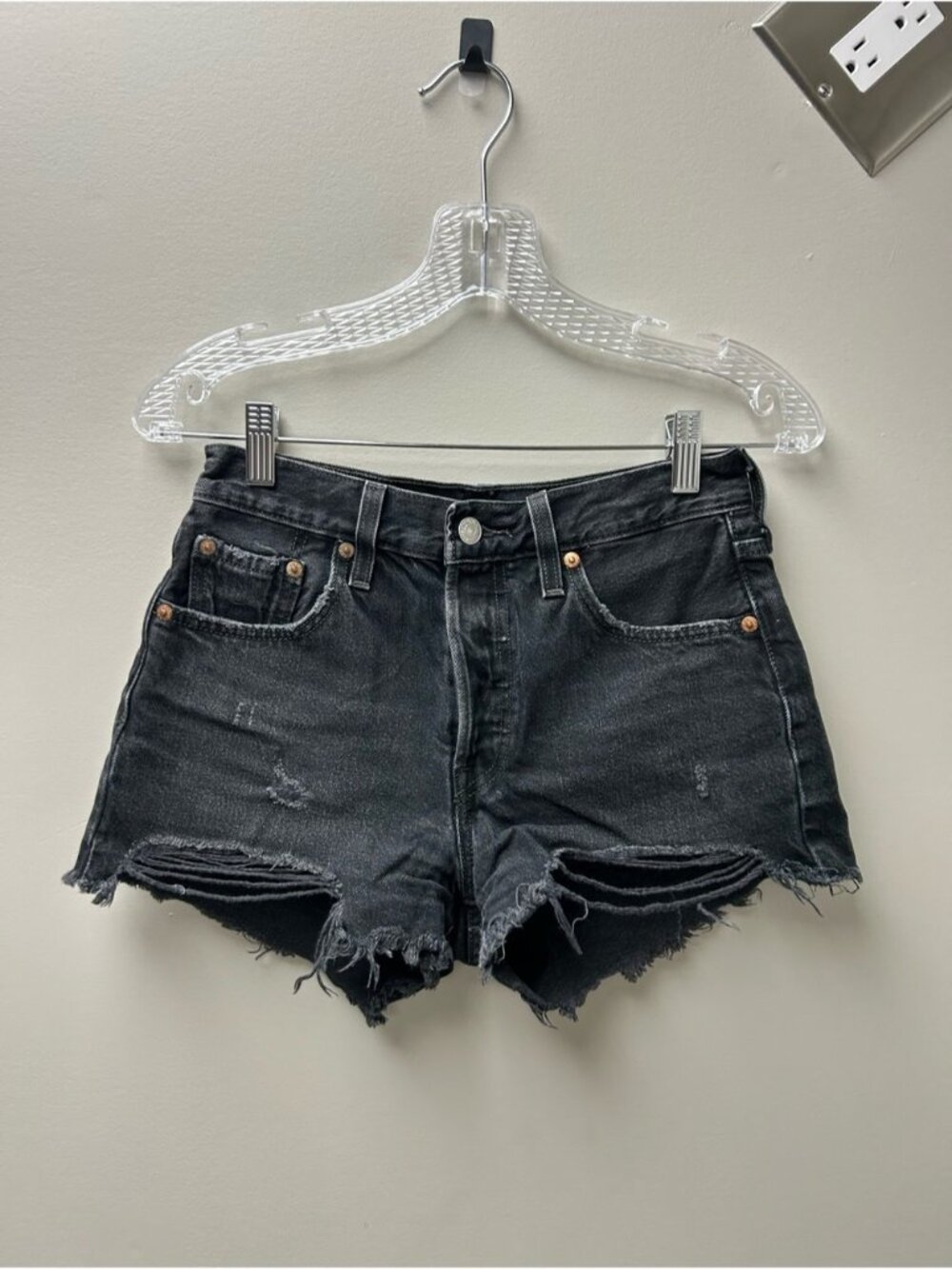 Levi’s Women’s 501 Black Distressed Denim High Rise Jean Shorts